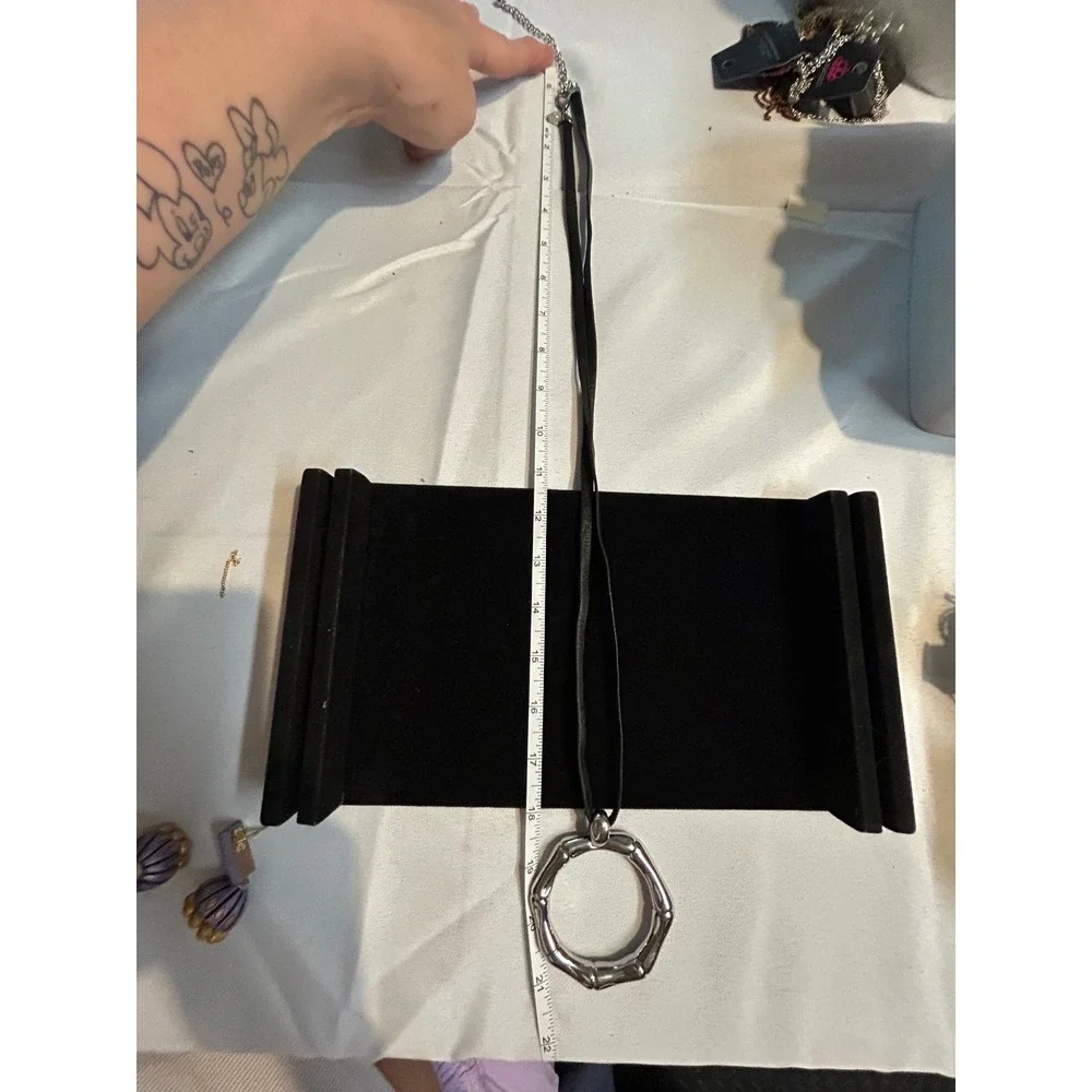 Chico's Silver Tone Bamboo Ring Pendant Long‎ Black Cord Necklace Modernist